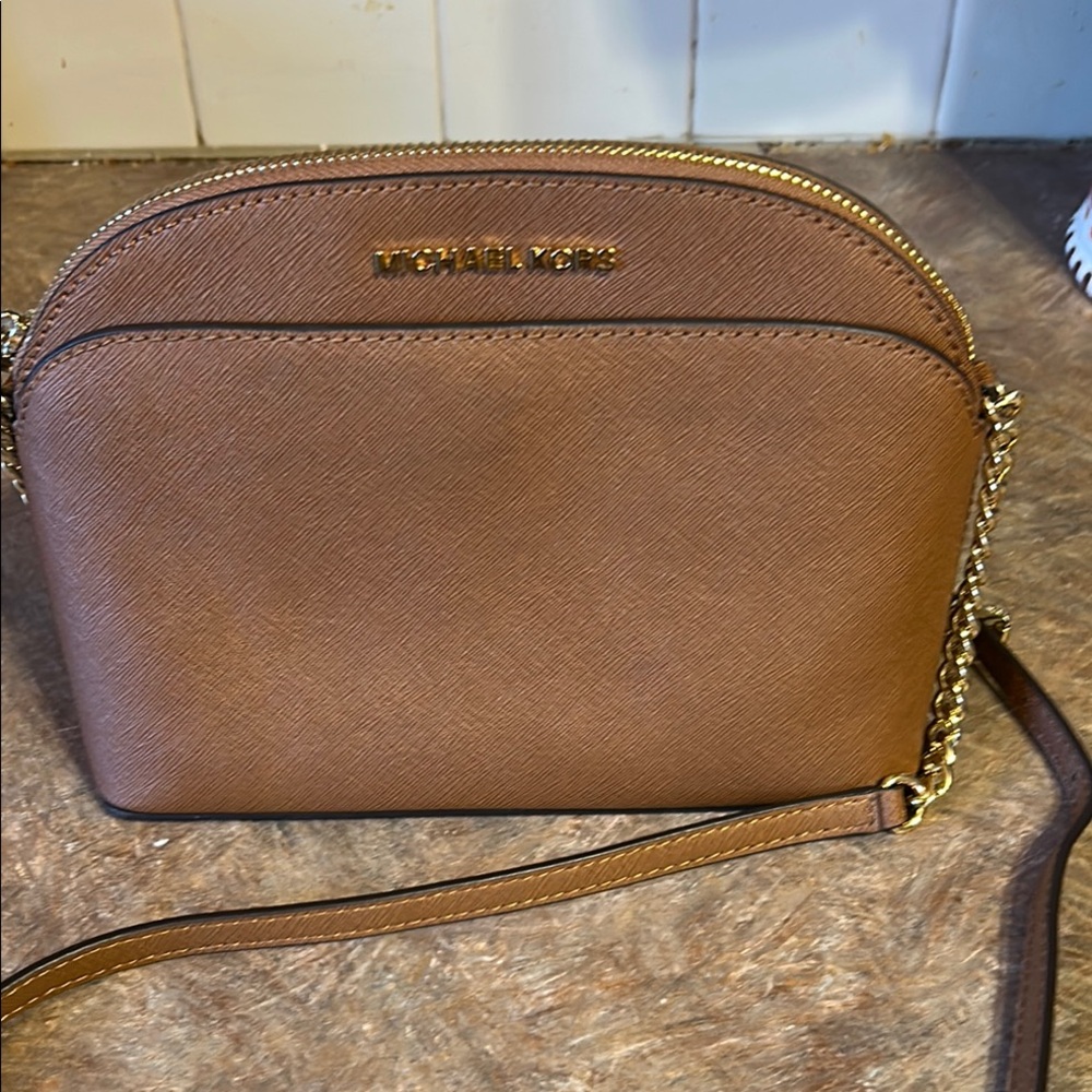 Michael Kors Gold Hardware & Chain Detailing on Strap Cognac Crossbody